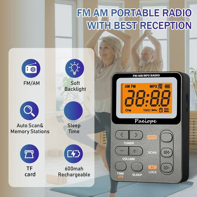 Alt view image 2 of 6 - Portable Pocket Radio AM FM with Best Reception, Rechargeable-Grey Easy to Use, MP3, Stereo Earphone, Large LCD Screen, TF Play, Sleep Timer, Radio Receiver for Jogging/Gym/Racing
