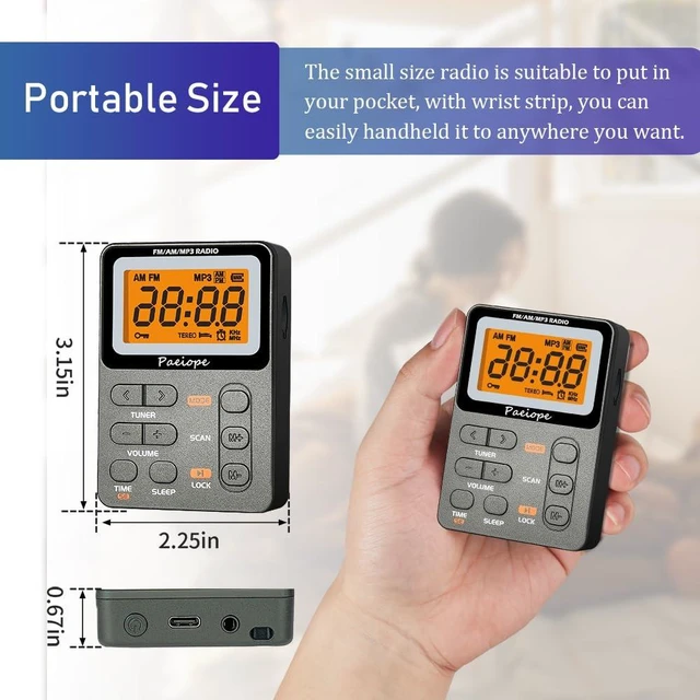 Alt view image 5 of 6 - Portable Pocket Radio AM FM with Best Reception, Rechargeable-Grey Easy to Use, MP3, Stereo Earphone, Large LCD Screen, TF Play, Sleep Timer, Radio Receiver for Jogging/Gym/Racing