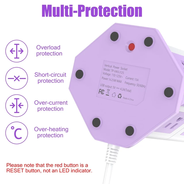 Alt view image 4 of 7 - Purple Tower Power Strip with 12 AC Outlets and 5 USB Ports, 1050J Overload Protection, 16AWG 6.5 Ft Flat Plug Extension Cord, Space Saving Vertical Design for Home Office and Dorm Room