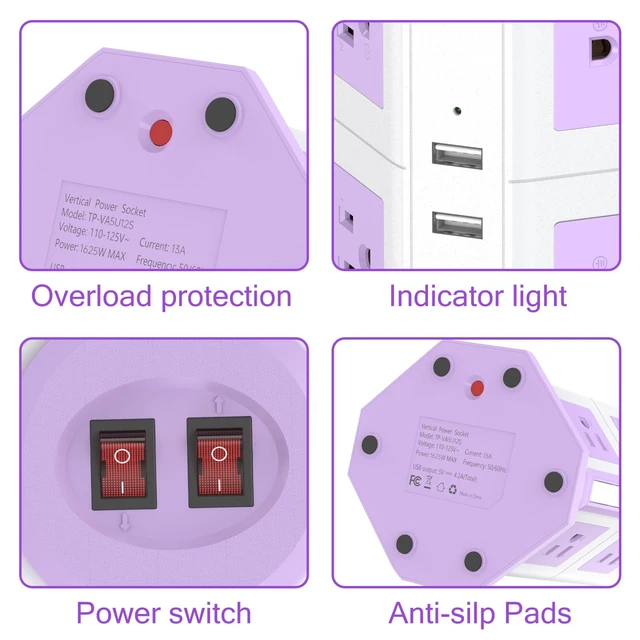 Alt view image 3 of 7 - Purple Tower Power Strip with 12 AC Outlets and 5 USB Ports, 1050J Overload Protection, 16AWG 6.5 Ft Flat Plug Extension Cord, Space Saving Vertical Design for Home Office and Dorm Room
