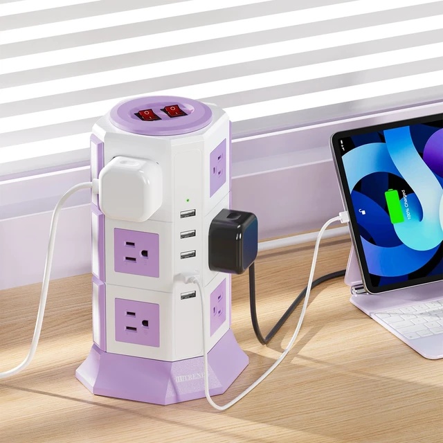 Alt view image 5 of 7 - Purple Tower Power Strip with 12 AC Outlets and 5 USB Ports, 1050J Overload Protection, 16AWG 6.5 Ft Flat Plug Extension Cord, Space Saving Vertical Design for Home Office and Dorm Room
