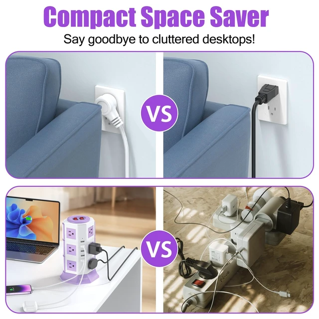 Alt view image 6 of 7 - Purple Tower Power Strip with 12 AC Outlets and 5 USB Ports, 1050J Overload Protection, 16AWG 6.5 Ft Flat Plug Extension Cord, Space Saving Vertical Design for Home Office and Dorm Room