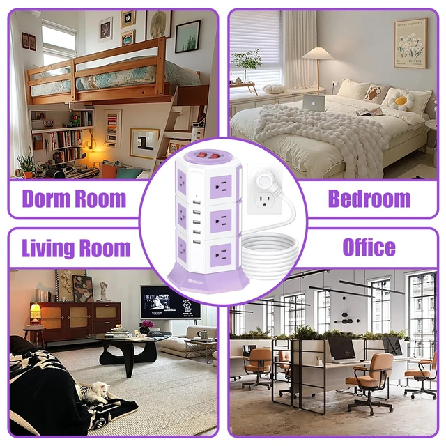 Alt view image 7 of 7 - Purple Tower Power Strip with 12 AC Outlets and 5 USB Ports, 1050J Overload Protection, 16AWG 6.5 Ft Flat Plug Extension Cord, Space Saving Vertical Design for Home Office and Dorm Room