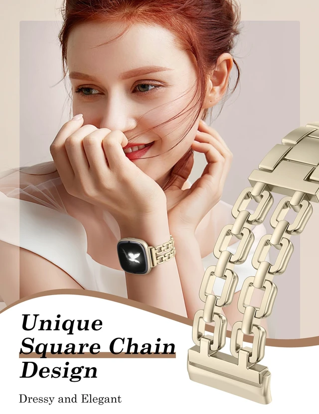 Alt view image 2 of 6 - Metal Band Compatible with Fitbit Versa 4 3/Sense 2 1 Bands Women Dressy Chain Strap Designer Stainless Steel Bracelet Wristband for Versa 3 4/Sense 2/Sense Smartwatch Accessories