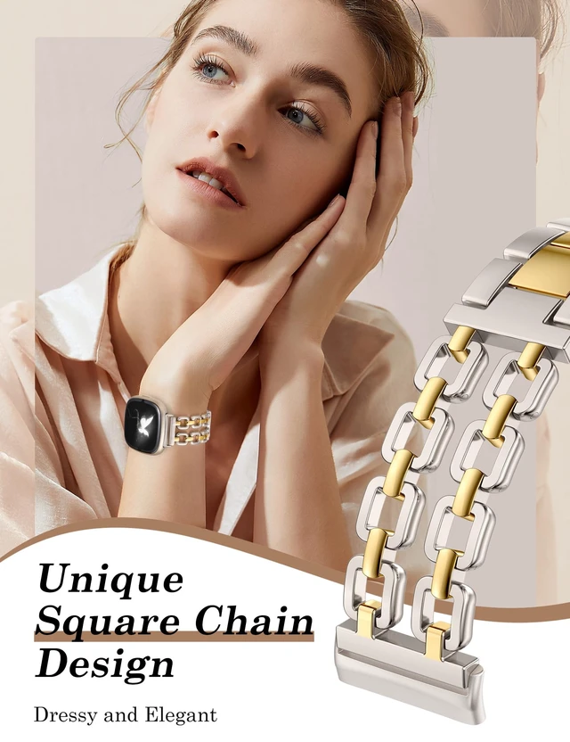 Alt view image 2 of 6 - Metal Band Compatible with Fitbit Versa 4 3/Sense 2 1 Bands Women Dressy Chain Strap Designer Stainless Steel Bracelet Wristband for Versa 3 4/Sense 2/Sense Smartwatch Accessories