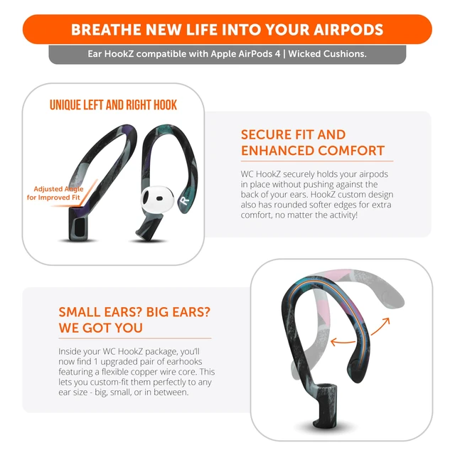Alt view image 3 of 7 - HookZ - Adjustable Over-Ear Hooks for AirPods 4 Made by Wicked Cushions Malleable Core for Custom Fit, Secure & Comfortable, Patent Pending 90's Black