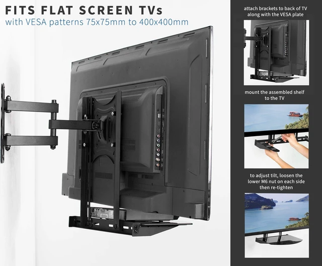 Alt view image 3 of 7 - Black 18 in Under Above VESA Back of TV Wall Mount Shelf, MOUNT-SF04R Shelving Bracket and Platform with Tilt, DVD Player, Cable Box, Stereo, and AV Component Glass Storage Shelf, Holds 22 lbs