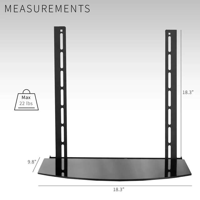 Alt view image 5 of 7 - Black 18 in Under Above VESA Back of TV Wall Mount Shelf, MOUNT-SF04R Shelving Bracket and Platform with Tilt, DVD Player, Cable Box, Stereo, and AV Component Glass Storage Shelf, Holds 22 lbs