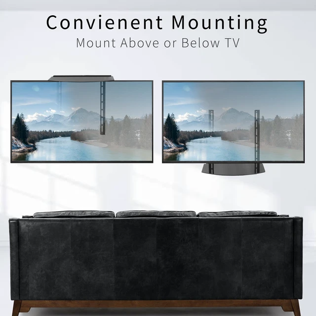Alt view image 6 of 7 - Black 18 in Under Above VESA Back of TV Wall Mount Shelf, MOUNT-SF04R Shelving Bracket and Platform with Tilt, DVD Player, Cable Box, Stereo, and AV Component Glass Storage Shelf, Holds 22 lbs