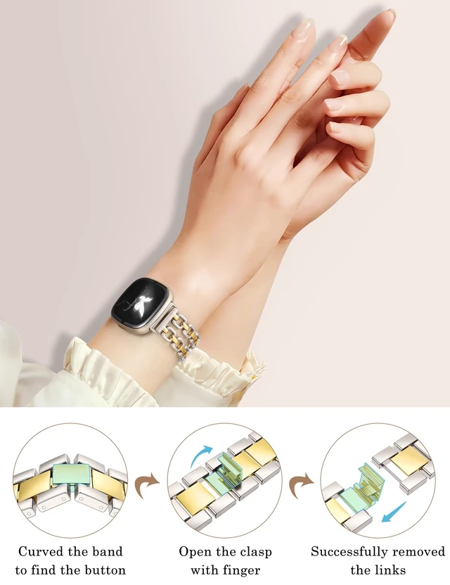 Alt view image 4 of 6 - Metal Band Compatible with Fitbit Versa 4 3/Sense 2 1 Bands Women Dressy Chain Strap Designer Stainless Steel Bracelet Wristband for Versa 3 4/Sense 2/Sense Smartwatch Accessories