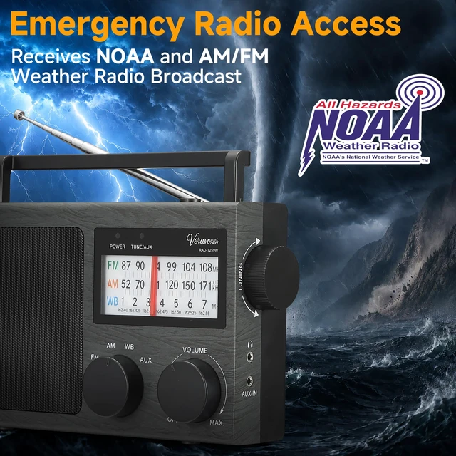 Alt view image 2 of 7 - Portable NOAA Weather AM FM Radio AC & Battery Powered Built-in high-power speaker, adjustable bass control, AUX input, multi-scene emergency radio, compact gift ideal for elders