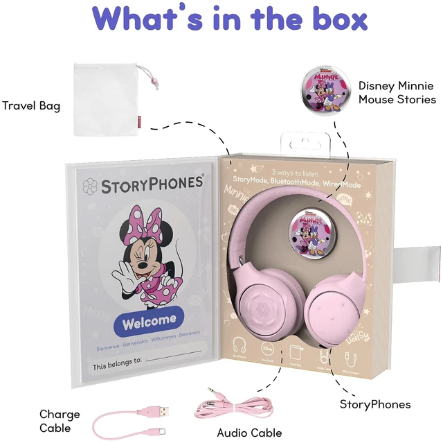 Alt view image 6 of 7 - Disney Kids Bluetooth Foldable Headphones: Use Wired or Wireless for Travel, Education, and Screen-Free Entertainment Includes Minnie Mouse StoryShield, Pink