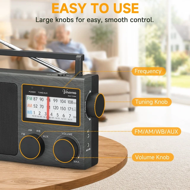 Alt view image 4 of 7 - Portable NOAA Weather AM FM Radio AC & Battery Powered Built-in high-power speaker, adjustable bass control, AUX input, multi-scene emergency radio, compact gift ideal for elders