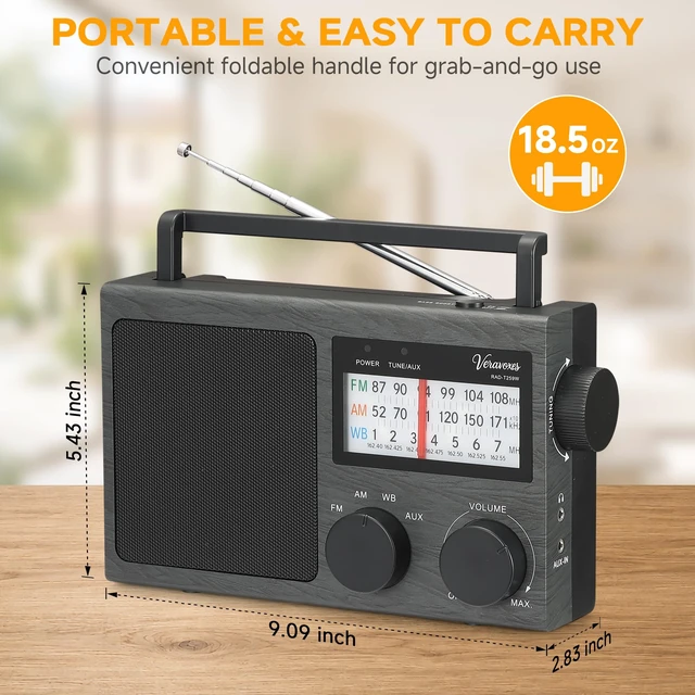 Alt view image 6 of 7 - Portable NOAA Weather AM FM Radio AC & Battery Powered Built-in high-power speaker, adjustable bass control, AUX input, multi-scene emergency radio, compact gift ideal for elders