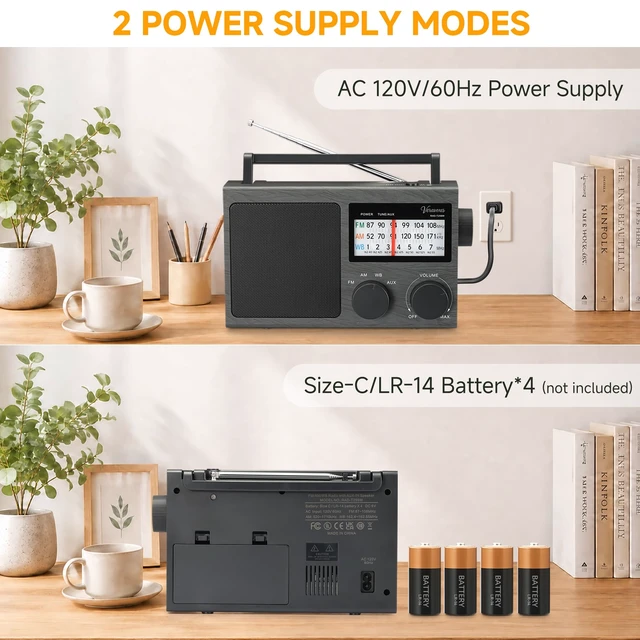 Alt view image 7 of 7 - Portable NOAA Weather AM FM Radio AC & Battery Powered Built-in high-power speaker, adjustable bass control, AUX input, multi-scene emergency radio, compact gift ideal for elders