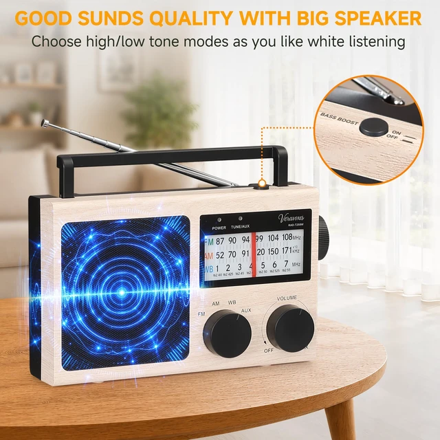 Alt view image 4 of 7 - Portable NOAA Weather AM FM Radio AC & Battery Powered Built-in high-power speaker, adjustable bass control, AUX input, multi-scene emergency radio, compact gift ideal for elders