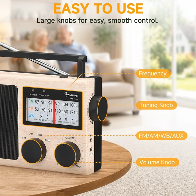 Alt view image 5 of 7 - Portable NOAA Weather AM FM Radio AC & Battery Powered Built-in high-power speaker, adjustable bass control, AUX input, multi-scene emergency radio, compact gift ideal for elders