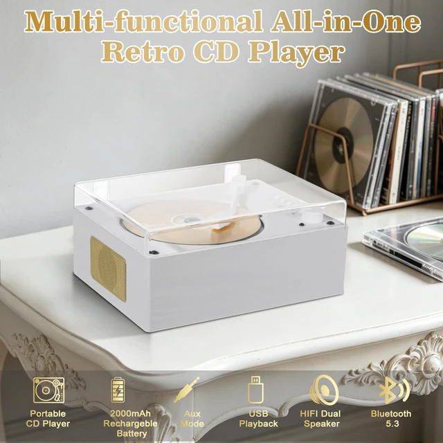 Alt view image 2 of 7 - Retro CD Player Bluetooth 5.3 Wood Grain Desktop Music Portable Home Audio System with Dual HI-FI Speakers, Built-in Battery, Remote Control, USB/AUX Input, 3.5mm Headphone Jack