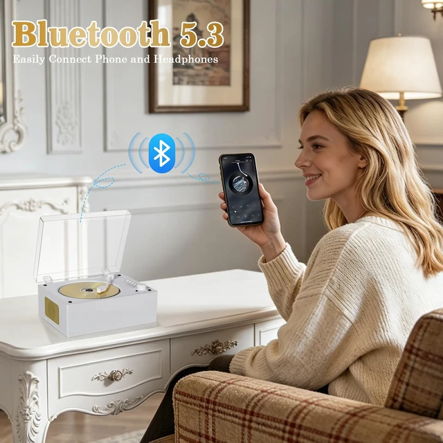 Alt view image 4 of 7 - Retro CD Player Bluetooth 5.3 Wood Grain Desktop Music Portable Home Audio System with Dual HI-FI Speakers, Built-in Battery, Remote Control, USB/AUX Input, 3.5mm Headphone Jack