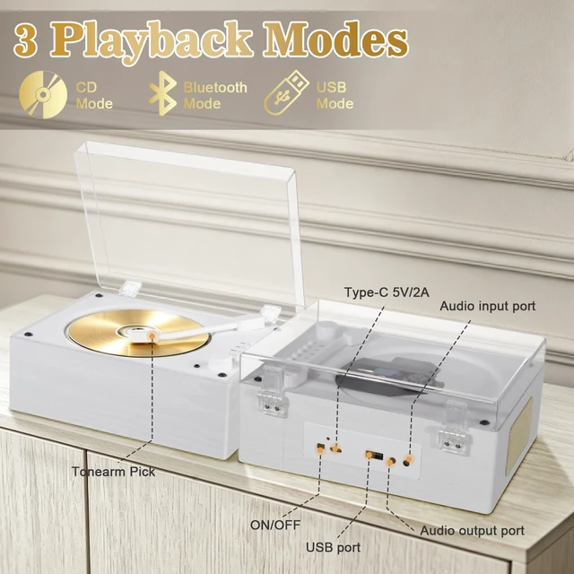 Alt view image 5 of 7 - Retro CD Player Bluetooth 5.3 Wood Grain Desktop Music Portable Home Audio System with Dual HI-FI Speakers, Built-in Battery, Remote Control, USB/AUX Input, 3.5mm Headphone Jack