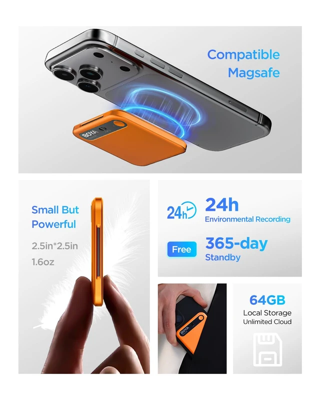 Alt view image 5 of 7 - Notra AI Voice Recorder All-in-One AI Note Taker for Meetings & Calls, Smart Transcription & Summary, App Control, 64GB + Secure Cloud, 140+ Languages Magnetic Design Audio Recorder(Orange)