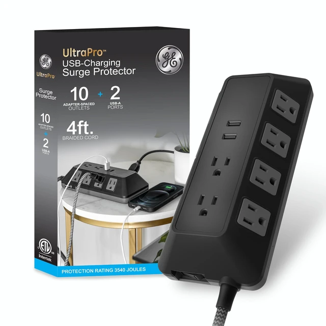 Main image of Sur Protector Power Strip with USB Ports, 4 Ft Braided Extension Cord 3540 Joules, 10 Outlet Extender (Wide Spaced), 2 USB-A, Flat Plug, Wall Mount, ETL Safety Certified, Black, 73775