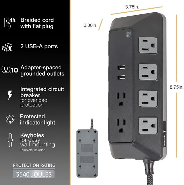 Alt view image 3 of 7 - Sur Protector Power Strip with USB Ports, 4 Ft Braided Extension Cord 3540 Joules, 10 Outlet Extender (Wide Spaced), 2 USB-A, Flat Plug, Wall Mount, ETL Safety Certified, Black, 73775