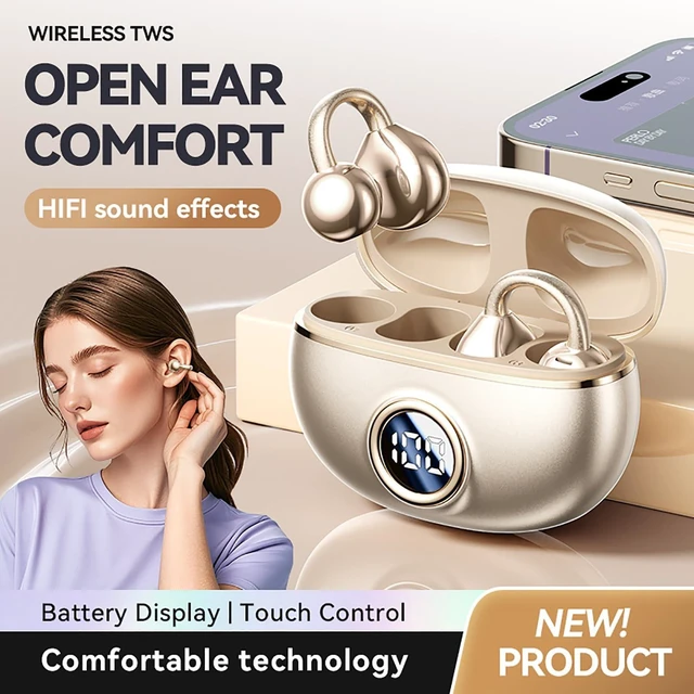 Alt view image 2 of 6 - Clip on Earbuds for Small Ears & Glasses, Open Ear Bluetooth 5.4 Headphones with 40H Playtime & Digital Display, Sweatproof