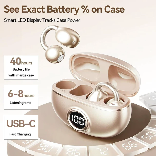 Alt view image 3 of 6 - Clip on Earbuds for Small Ears & Glasses, Open Ear Bluetooth 5.4 Headphones with 40H Playtime & Digital Display, Sweatproof