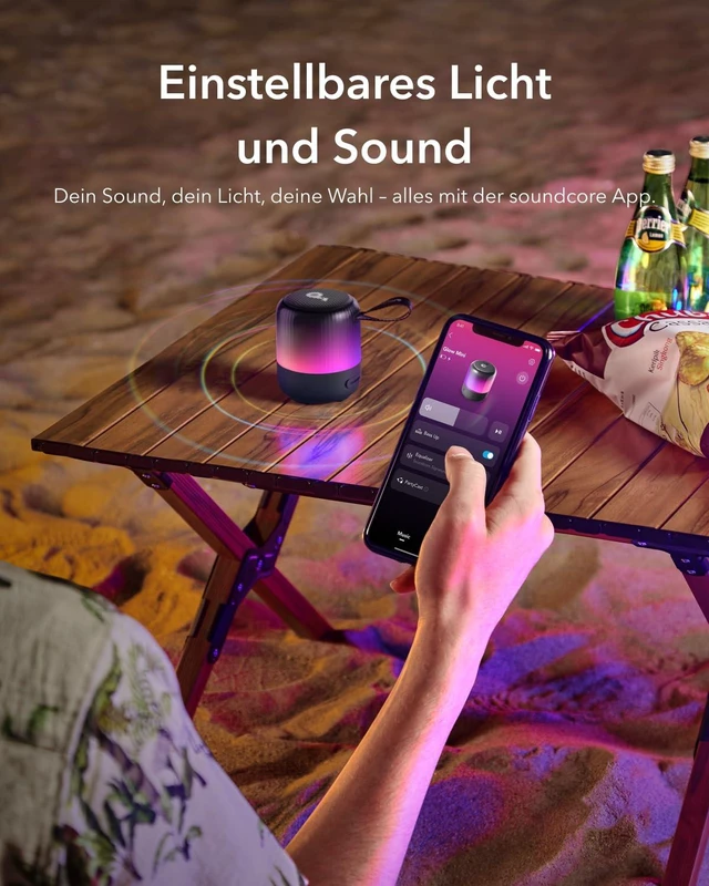 Alt view image 7 of 7 - Glow Mini Portable Speaker By Anker, Bluetooth Speaker with 360° Sound, Light Show, 12H Battery, Customizable EQ and Light, IP67 Waterproof and Dustproof, for Camping, Home and Beach Parties