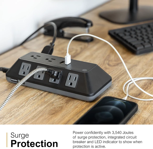 Alt view image 6 of 7 - Sur Protector Power Strip with USB Ports, 4 Ft Braided Extension Cord 3540 Joules, 10 Outlet Extender (Wide Spaced), 2 USB-A, Flat Plug, Wall Mount, ETL Safety Certified, Black, 73775
