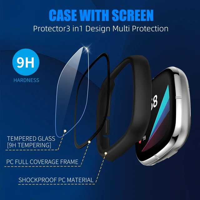 Alt view image 3 of 7 - 6 Pack for Fitbit Sense/Versa 3 Screen Protector Case Hard PC,Built-in Tempered Glass Film,Full Coverage,All-Around,Shockproof,Bumper,Protective Cover,Protective Accessories