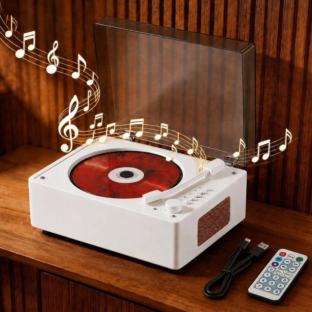 Main image of CD Player Portable for Home with Bluetooth, Hi-Fi Dual Speakers, Remote Control, Desktop Retro CD Music Players for Kids & Adults, Support USB/AUX/Type-C Playback, Ideal Nostalgic Decor Gift