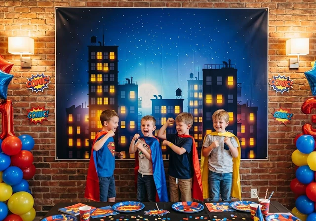 Alt view image 2 of 5 - Starry Sky Super Hero City Skyline Backdrop 10x8FT City Night Building Skyline Decor, Halloween/Urban Themed/Birthday Photo Backdrop, Lightweight Vinyl, Easy Hang & Wipe Clean