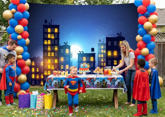 Alt view image 3 of 5 - Starry Sky Super Hero City Skyline Backdrop 10x8FT City Night Building Skyline Decor, Halloween/Urban Themed/Birthday Photo Backdrop, Lightweight Vinyl, Easy Hang & Wipe Clean