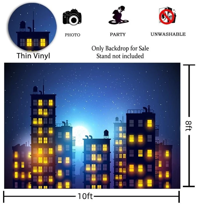 Alt view image 5 of 5 - Starry Sky Super Hero City Skyline Backdrop 10x8FT City Night Building Skyline Decor, Halloween/Urban Themed/Birthday Photo Backdrop, Lightweight Vinyl, Easy Hang & Wipe Clean