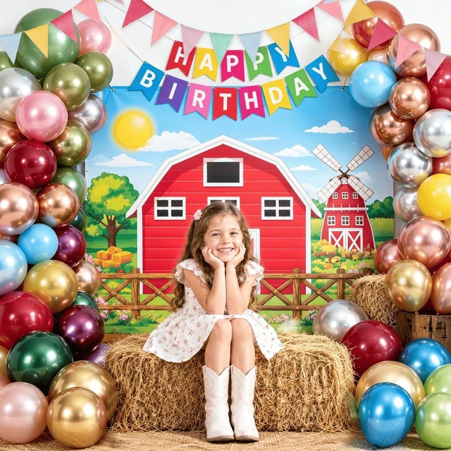 Main image of Barn Children Birthday Party Decoration 87PCS Kit, All in One to Quick Set Up, Reuseable Farm Barnyard Backdrop 7x5 FT + Happy Birthday Banner + 2 Pennant Banner Flag + 50 Latex Balloons No Popping