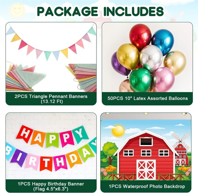 Alt view image 2 of 7 - Barn Children Birthday Party Decoration 87PCS Kit, All in One to Quick Set Up, Reuseable Farm Barnyard Backdrop 7x5 FT + Happy Birthday Banner + 2 Pennant Banner Flag + 50 Latex Balloons No Popping