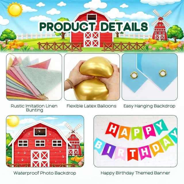 Alt view image 4 of 7 - Barn Children Birthday Party Decoration 87PCS Kit, All in One to Quick Set Up, Reuseable Farm Barnyard Backdrop 7x5 FT + Happy Birthday Banner + 2 Pennant Banner Flag + 50 Latex Balloons No Popping