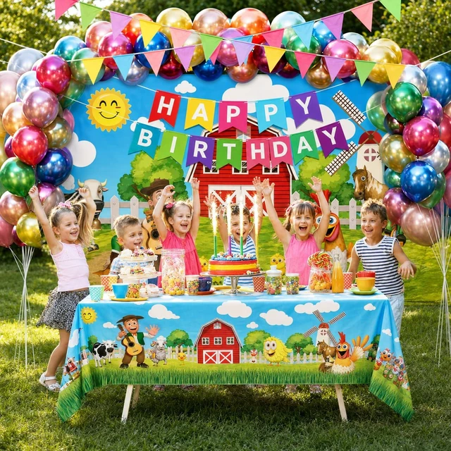 Alt view image 5 of 7 - Barn Children Birthday Party Decoration 87PCS Kit, All in One to Quick Set Up, Reuseable Farm Barnyard Backdrop 7x5 FT + Happy Birthday Banner + 2 Pennant Banner Flag + 50 Latex Balloons No Popping