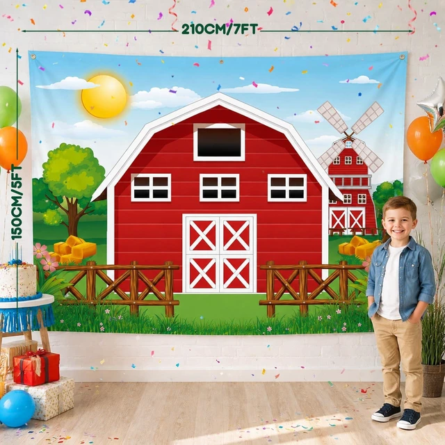Alt view image 6 of 7 - Barn Children Birthday Party Decoration 87PCS Kit, All in One to Quick Set Up, Reuseable Farm Barnyard Backdrop 7x5 FT + Happy Birthday Banner + 2 Pennant Banner Flag + 50 Latex Balloons No Popping