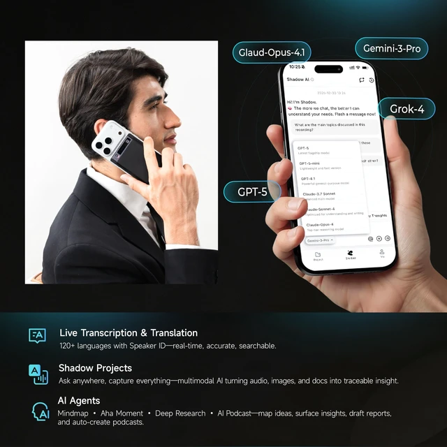 Alt view image 3 of 7 - TicNote AI Voice Recorder 64GB Memory Note Recorder w/Case App Control 120+ Languages Transcribe Summarize with AI Shadow Digital Audio Recorder for Phone Calls Lectures Meetings Interviews