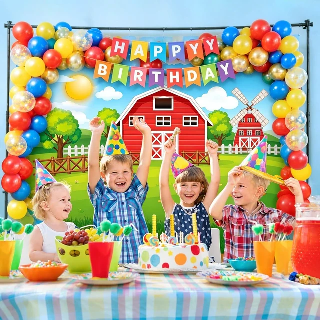 Alt view image 7 of 7 - Barn Children Birthday Party Decoration 87PCS Kit, All in One to Quick Set Up, Reuseable Farm Barnyard Backdrop 7x5 FT + Happy Birthday Banner + 2 Pennant Banner Flag + 50 Latex Balloons No Popping