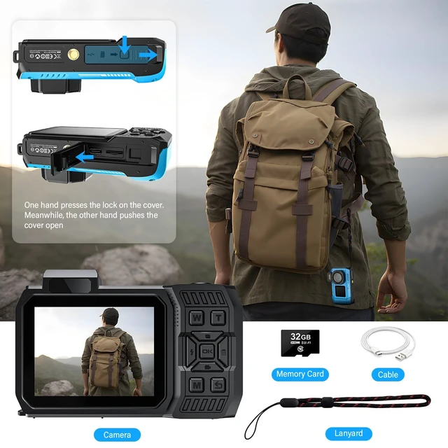 Alt view image 7 of 7 - 8K Underwater Camera, 33FT Waterproof Camera, 70MP WiFi Dual-Screen, Rugged Dustproof, Shockproof for Snorkeling, Diving, Selfies; Autofocus Point-and-Shoot, 32GB Card, 2500mAh Battery, Type-C
