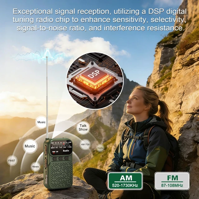 Alt view image 2 of 7 - Portable Radio AM FM, Battery Operated Pocket Radio for Gift, Elder Best Reception Transistor Small Radios, with Bluetooth/Flashlight/Headphone Jack, USB-C Rechargeable or 3AAA Battery