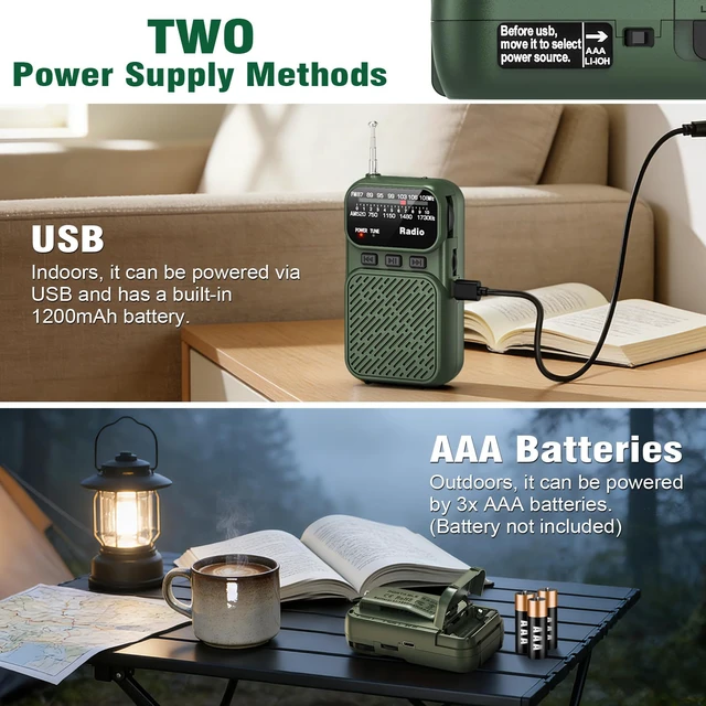Alt view image 7 of 7 - Portable Radio AM FM, Battery Operated Pocket Radio for Gift, Elder Best Reception Transistor Small Radios, with Bluetooth/Flashlight/Headphone Jack, USB-C Rechargeable or 3AAA Battery