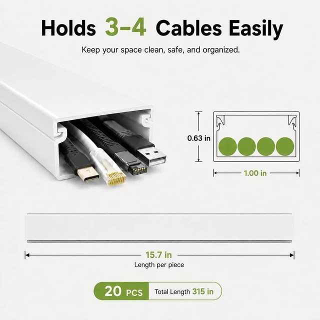 Alt view image 2 of 7 - 315 Cord Hider Kit, White Cable Raceway for Wall Mounted TV Wires, Paintable Wire Cover with Adhesive Tape, Screws and Connectors