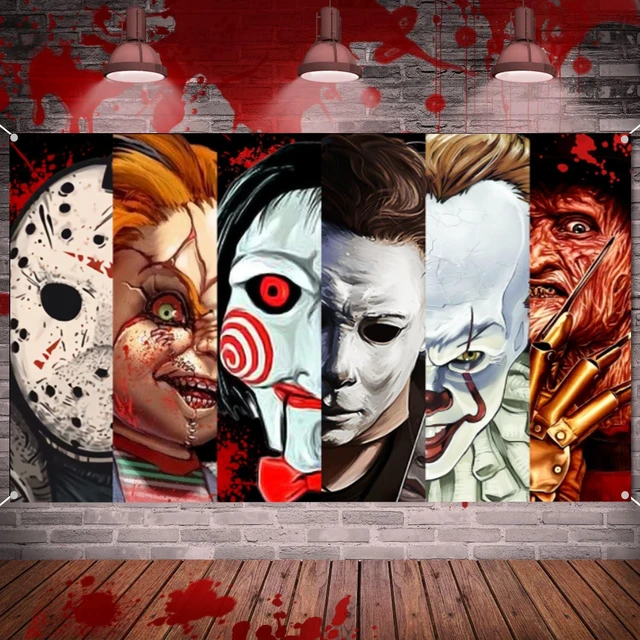 Main image of Halloween Horror Party Decorations, Horror Classic Movie Character Photo Backdrop 5.9x3.6Ft Horror Birthday Banner Background Supplies for Kids Adults Decorations Photo Booth Props Wall Hanging Decor