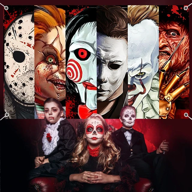 Alt view image 2 of 7 - Halloween Horror Party Decorations, Horror Classic Movie Character Photo Backdrop 5.9x3.6Ft Horror Birthday Banner Background Supplies for Kids Adults Decorations Photo Booth Props Wall Hanging Decor