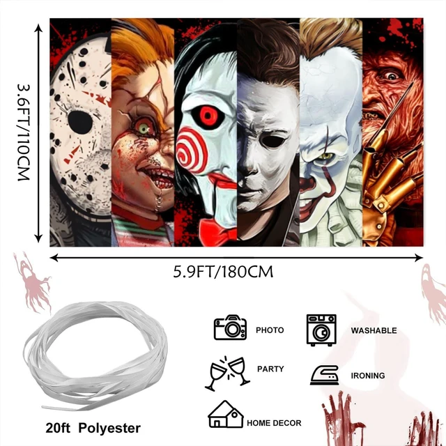 Alt view image 3 of 7 - Halloween Horror Party Decorations, Horror Classic Movie Character Photo Backdrop 5.9x3.6Ft Horror Birthday Banner Background Supplies for Kids Adults Decorations Photo Booth Props Wall Hanging Decor